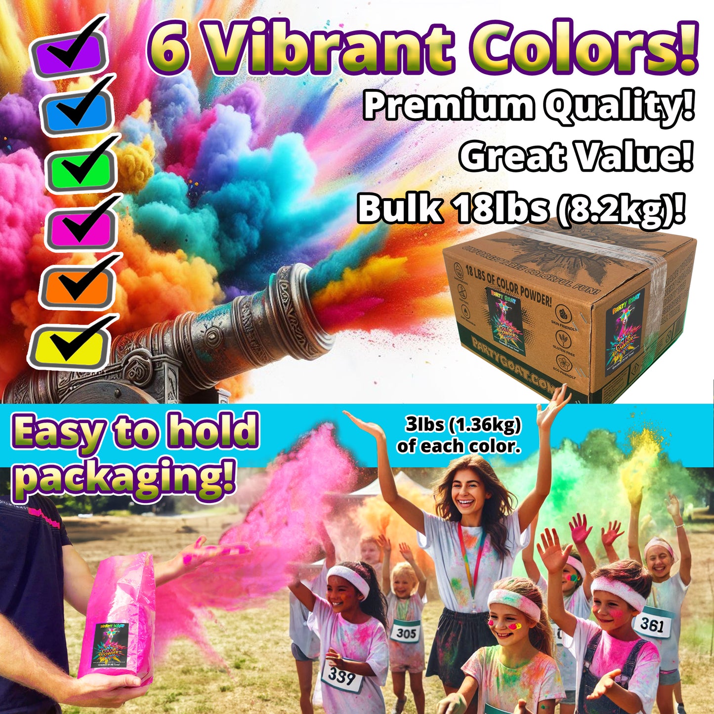 HOLI COLOR POWDER: 6 Color Pack! 18lbs (8.16kg) for Color Runs and Color Wars