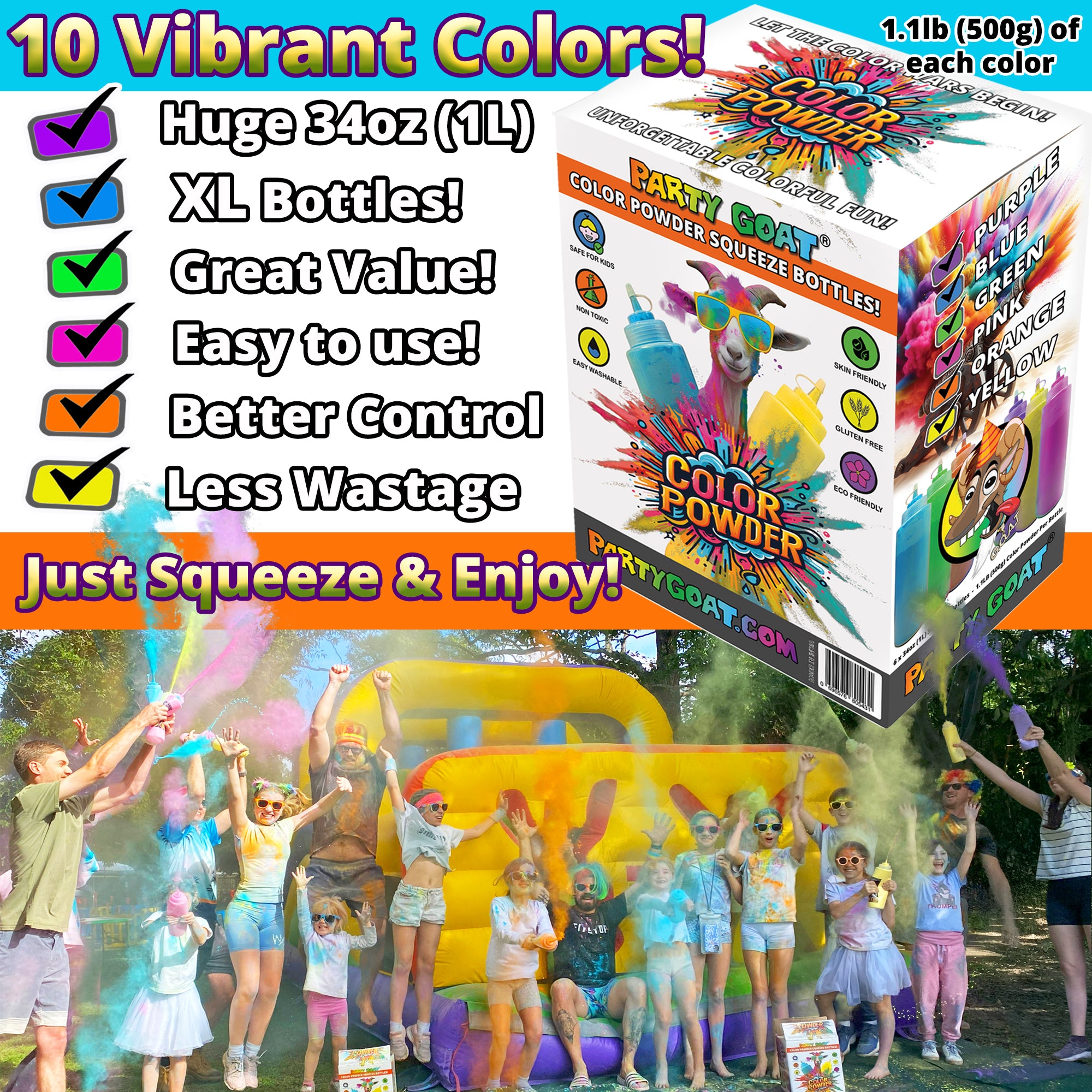 Color Run Powder Squeeze Bottles. Extra Large 34oz Color Blasters for Color Wars. 1.1lb Each, Pack of 10