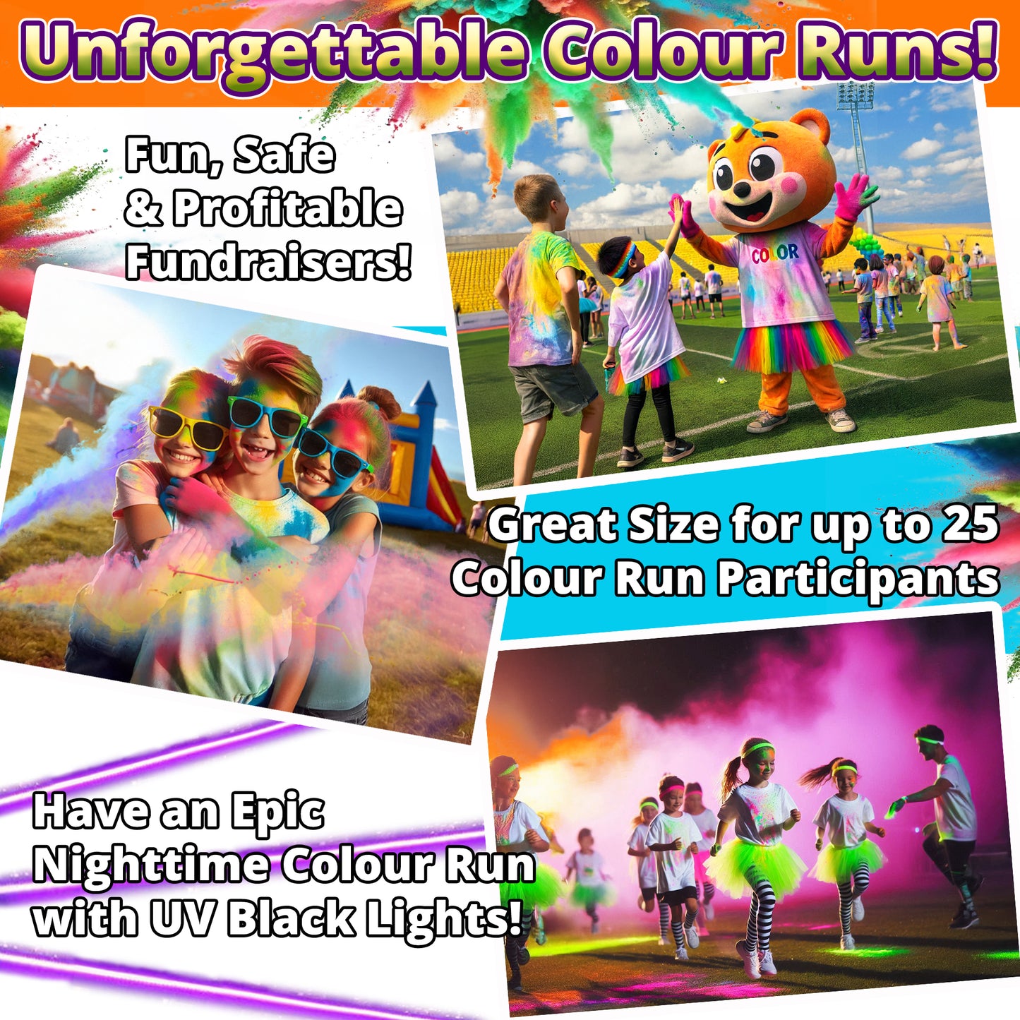 NEON COLOUR POWDER: 4 Colour Pack! 5.5kg (12lb) for Colour Runs & Glow Parties