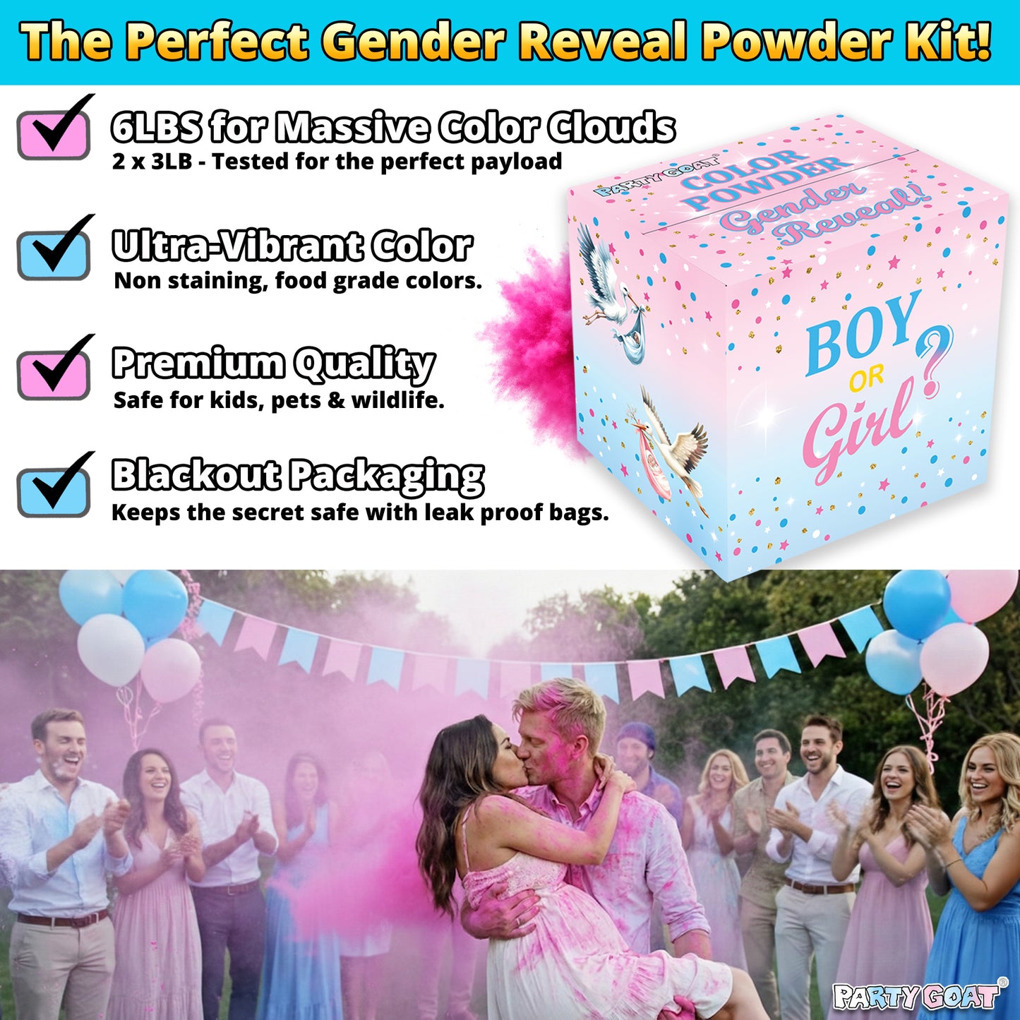 Gender Reveal Powder - 6 lb of Vibrant Blue or Pink Powder in Blackout Bags