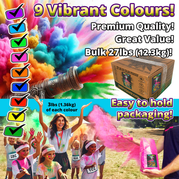COLOR RUN POWDER: 9 Color Bulk Pack! 27lbs (12.3kg) for Color Wars & Events