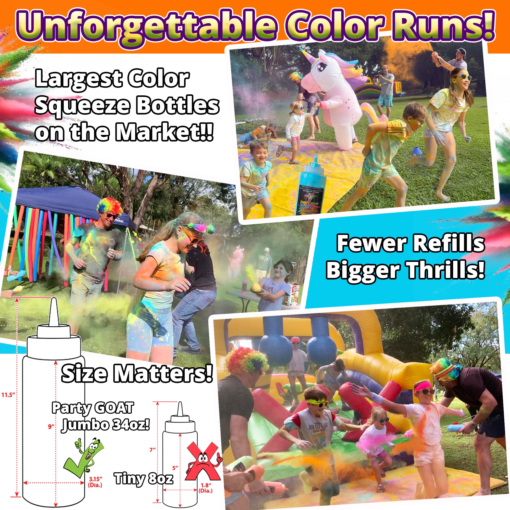 Color Run Powder Squeeze Bottles. Extra Large 34oz Color Blasters for Color Wars. 1.1lb Each, Pack of 10