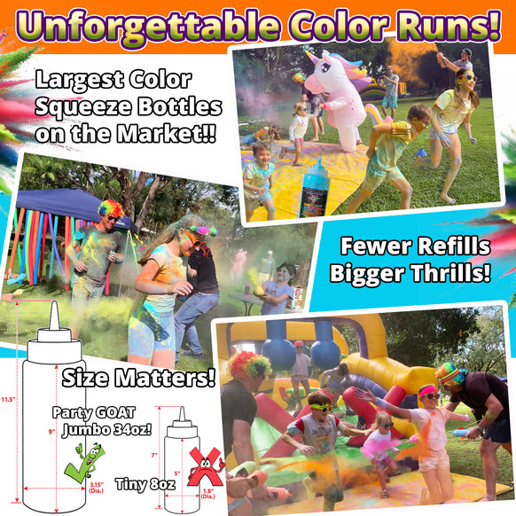 Color Run Powder Squeeze Bottles. Extra Large 34oz Color Blasters. 1.1lb each, Pack of 6