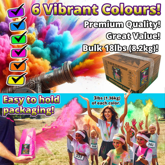 HOLI COLOUR POWDER: 6 Colour Pack! 8.16kg (18lb) for Colour Runs and Colour Wars