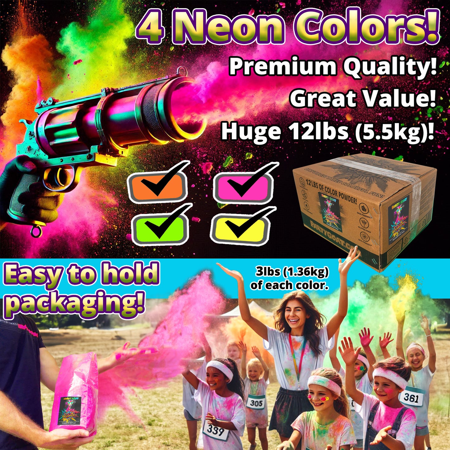 NEON COLOUR POWDER: 4 Colour Pack! 5.5kg (12lb) for Colour Runs & Glow Parties