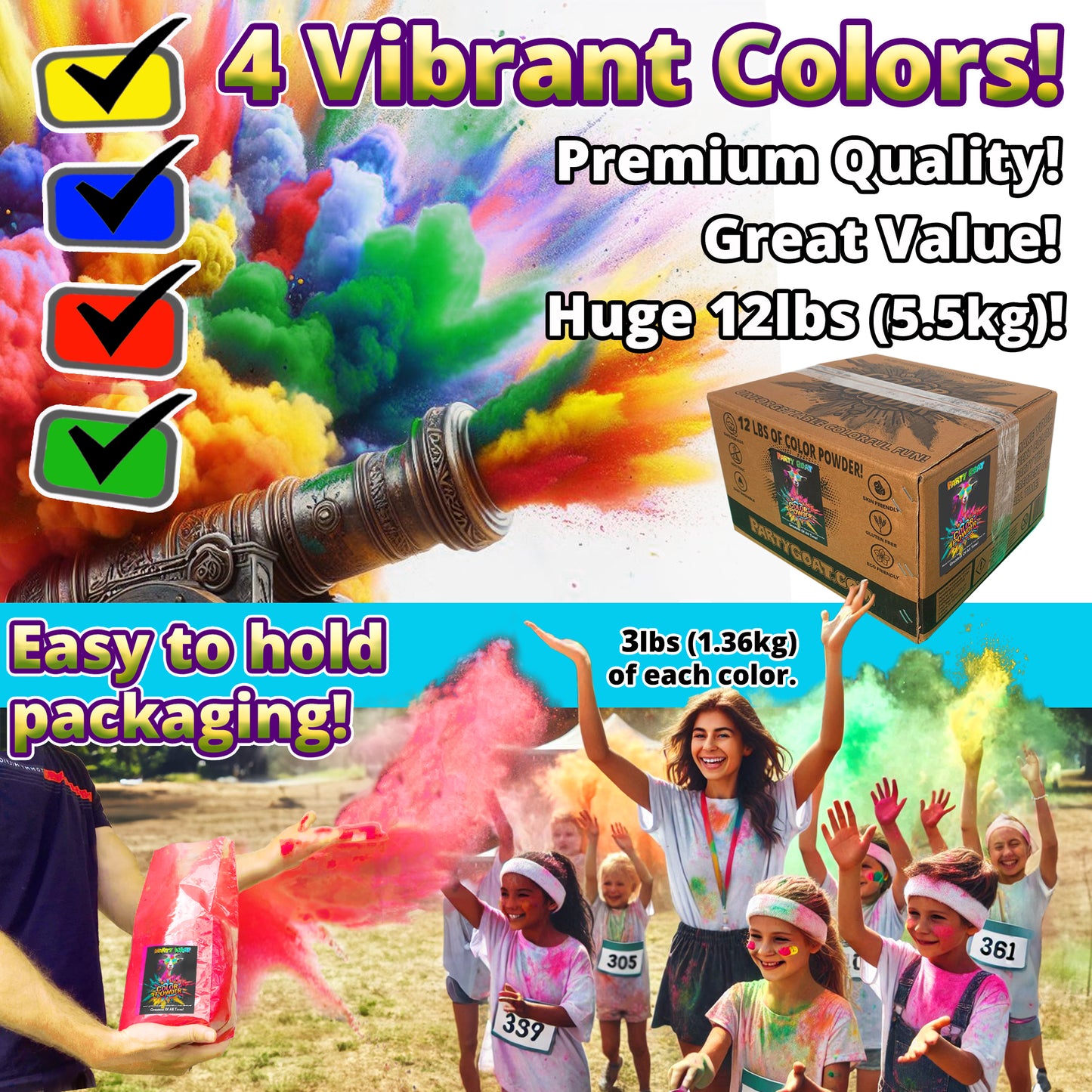 COLOUR WAR POWDER: 4 Colour Pack! 5.5kg (12lb) for Colour Runs & Parties