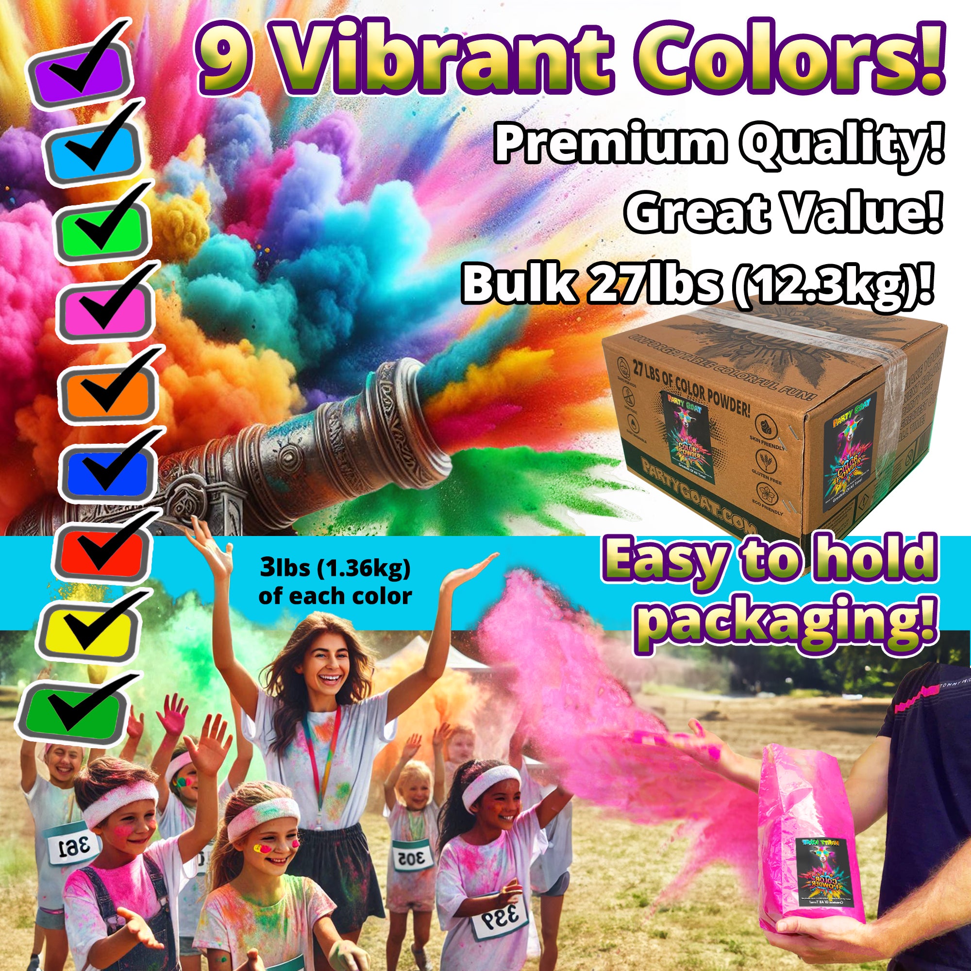 COLOR RUN POWDER: 9 Color Bulk Pack! 27lbs (12.3kg) for Color Wars & Events