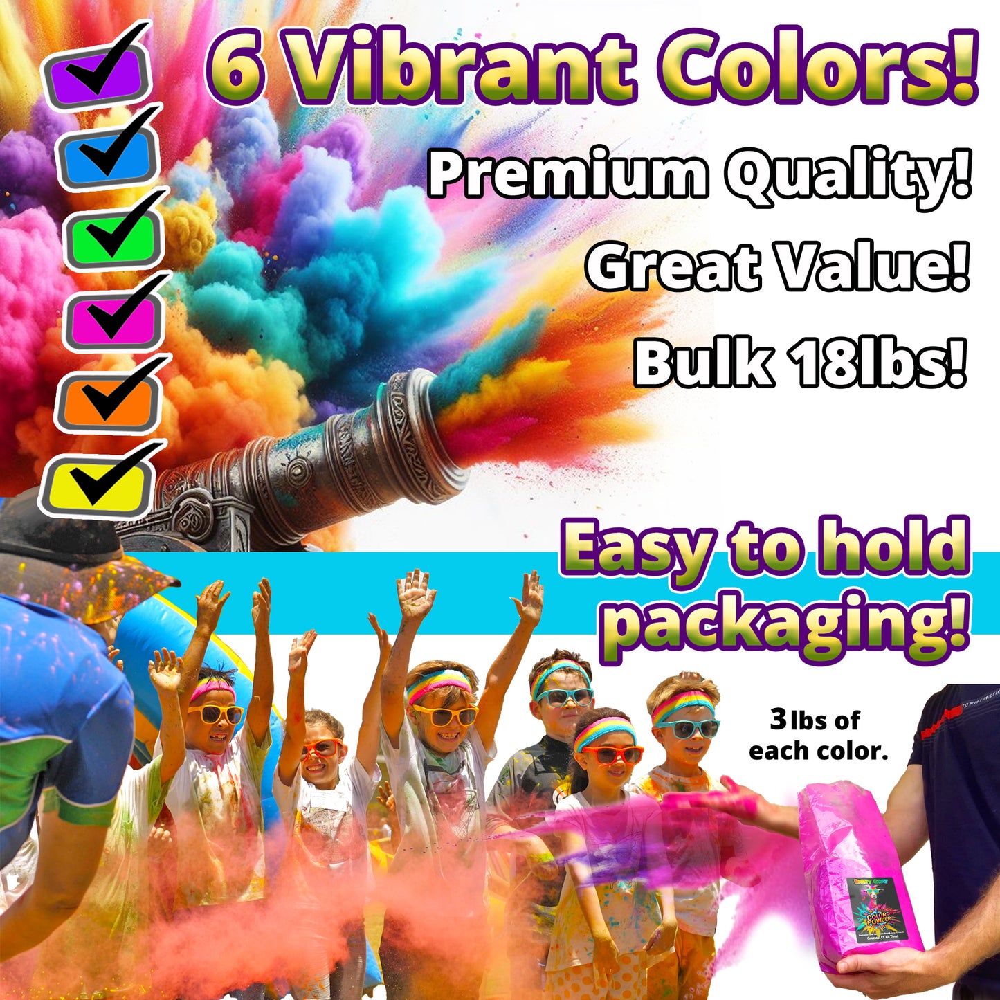 Holi Color Powder, 6 Color Pack! 18lbs (8.16kg) for Color Runs and Color Wars