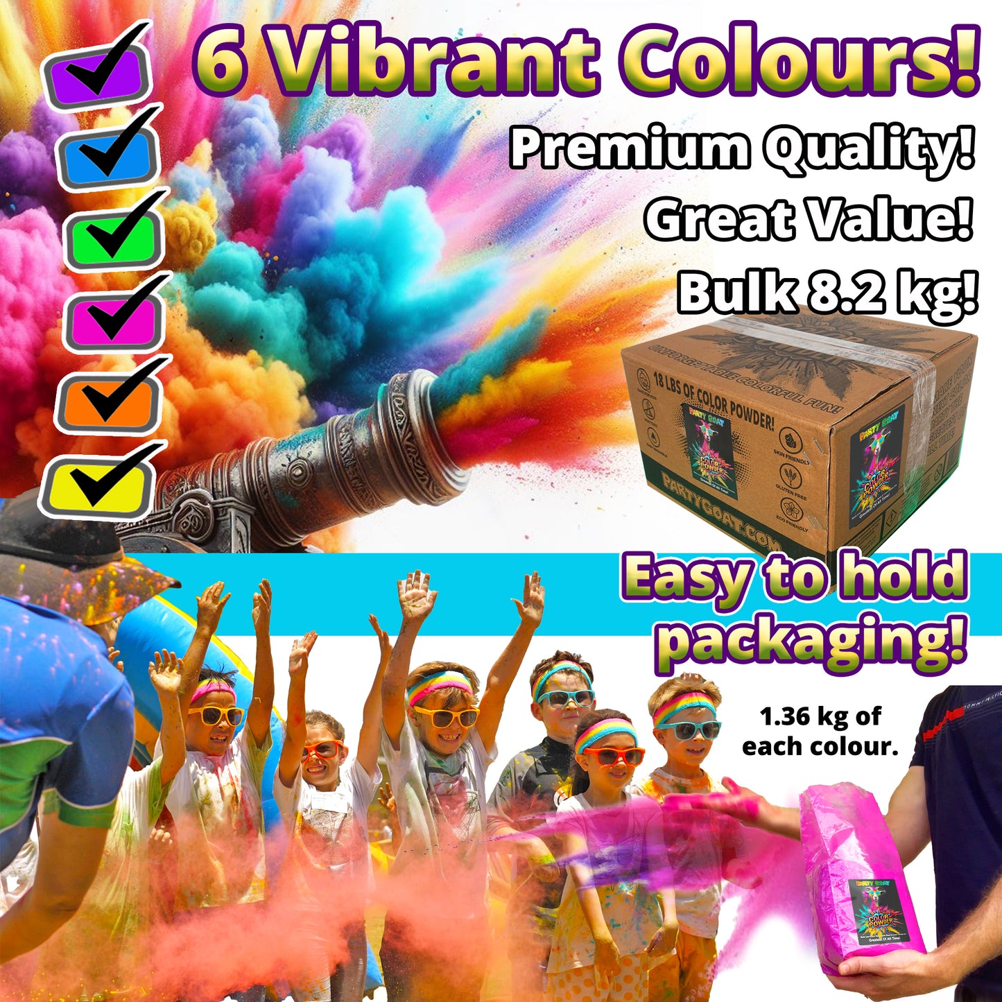 HOLI COLOR POWDER: 6 Color Pack! 18lbs (8.16kg) for Color Runs and Color Wars