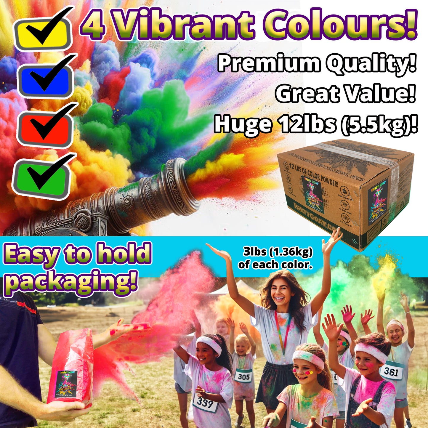 COLOUR WAR POWDER: 4 Colour Pack! 5.5kg (12lb) for Colour Runs & Parties