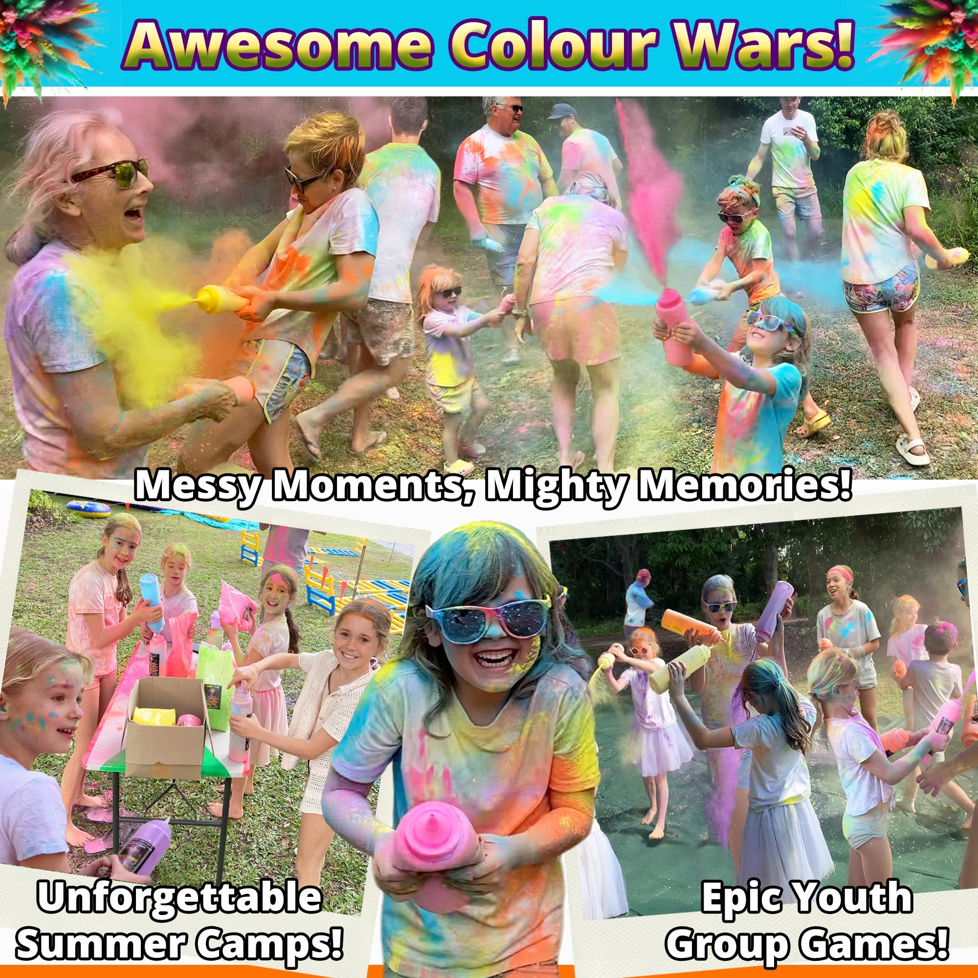 Colour wars with colour powder squeeze bottles for summer camp kids and youth group games canada australia