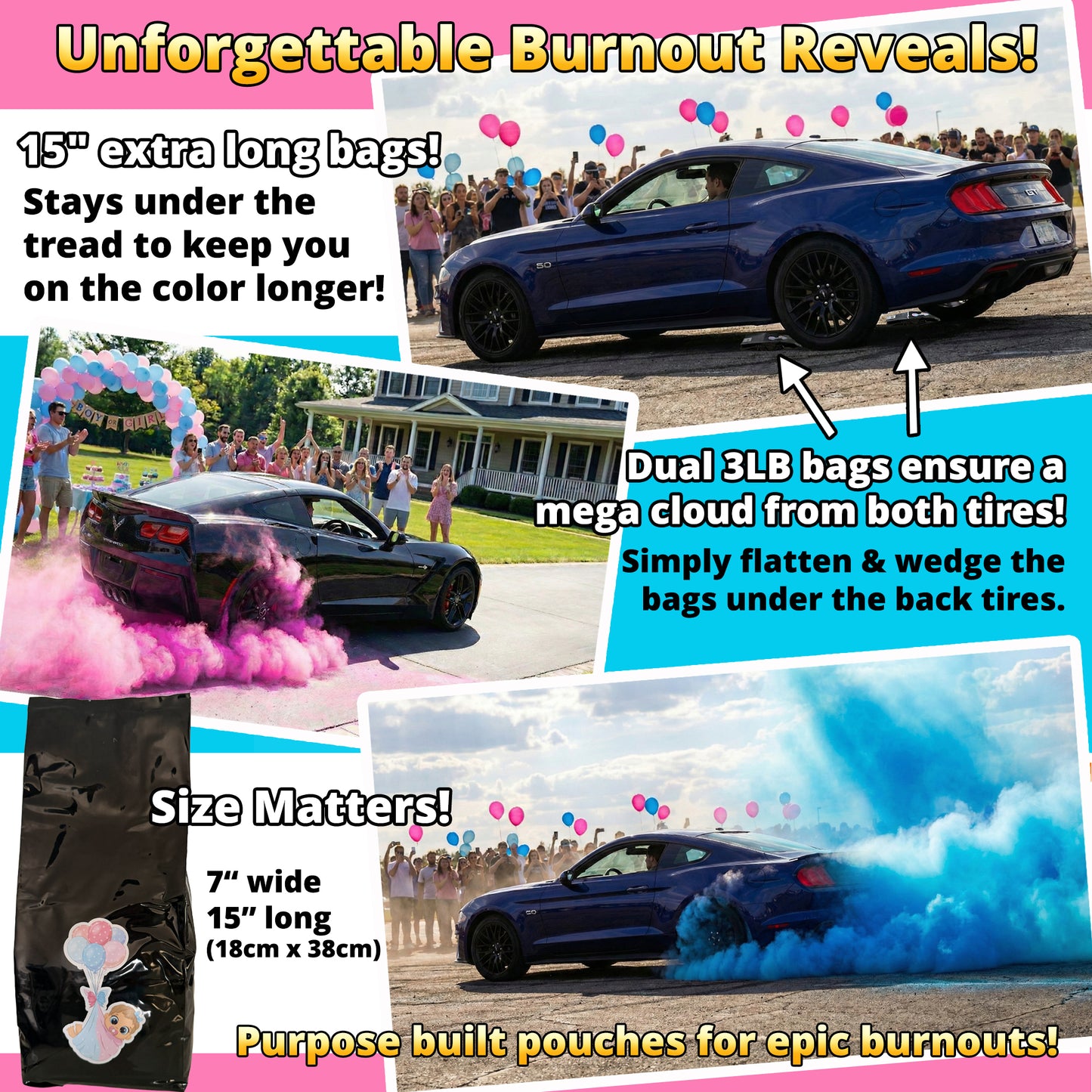 Gender Reveal Powder - 6 lb of Vibrant Blue or Pink Powder in Blackout Bags