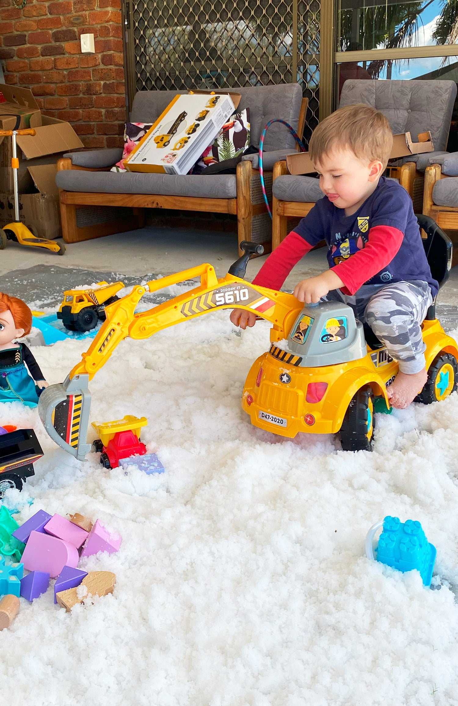 playing in fake snow construction zone instant snow toys