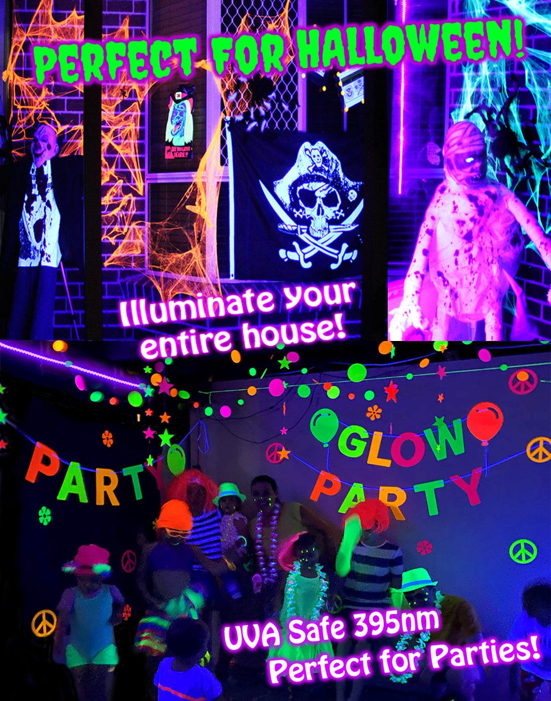 Black Light Glow Party Kit for Large Rooms 115W! 4 UV Blacklights LED Strips 12V
